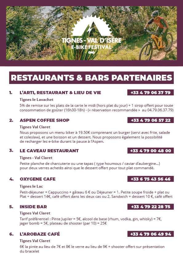 Restaurants et bars partenaires de Tignes pour l'E-Bike Festival