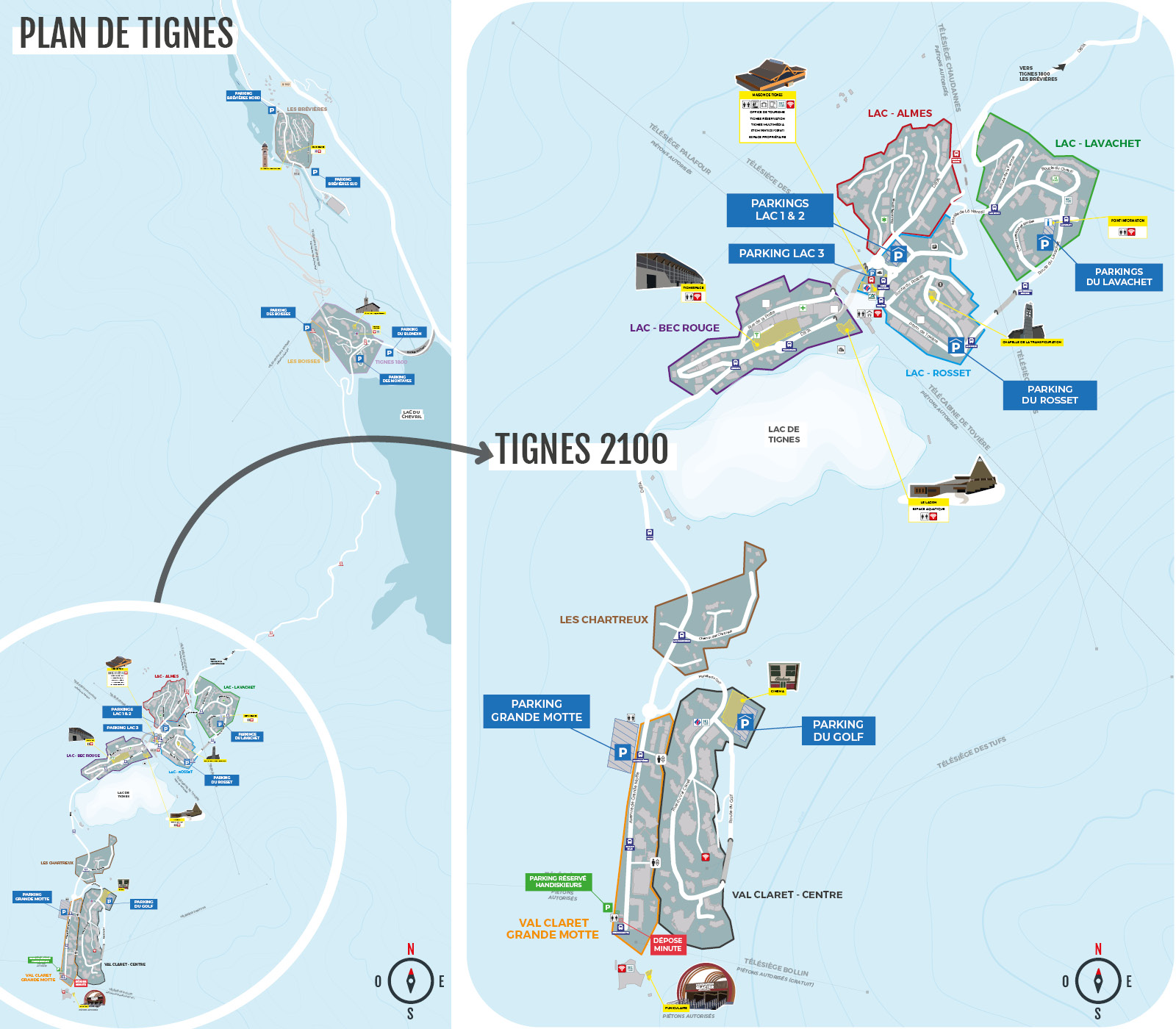 Plan des parkings de Tignes 2100