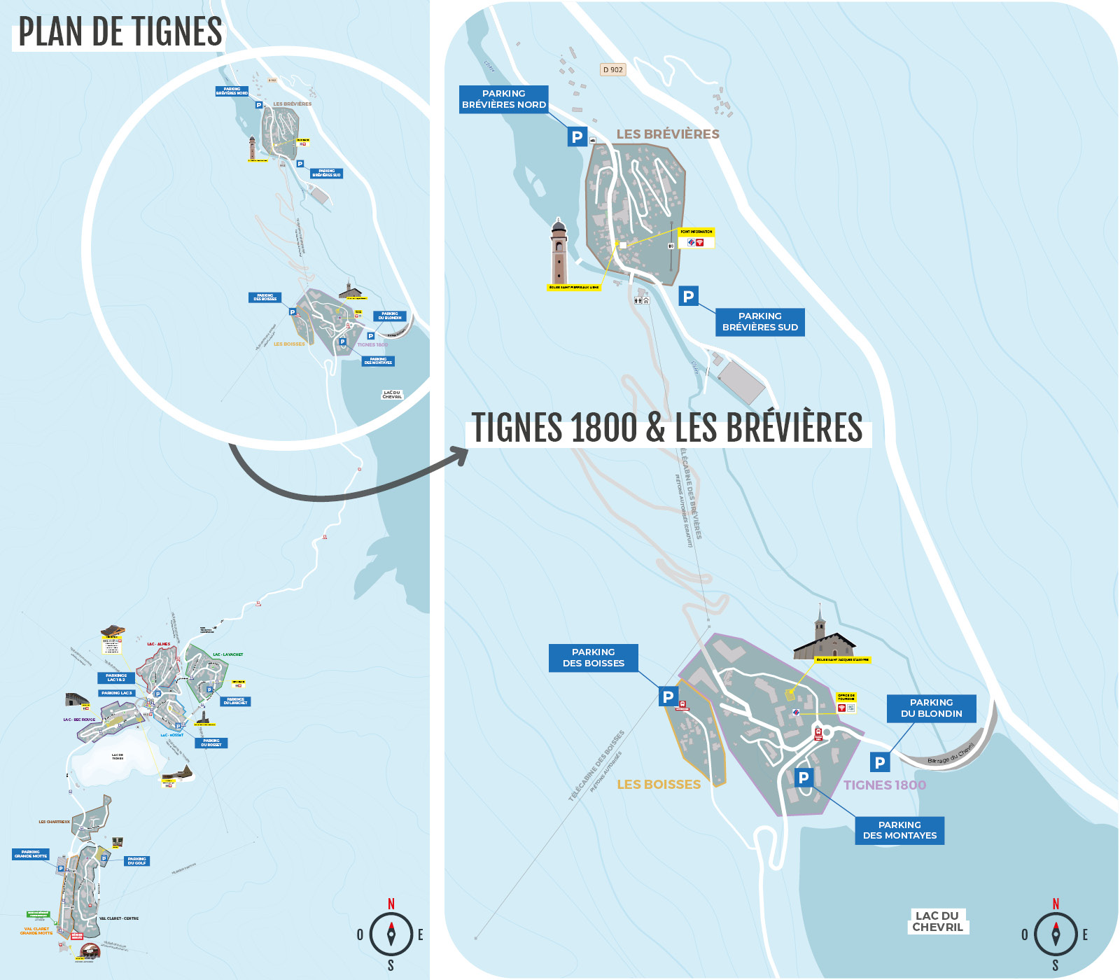 Plan des parkings de Tignes 1800 et de Tignes les Brévières